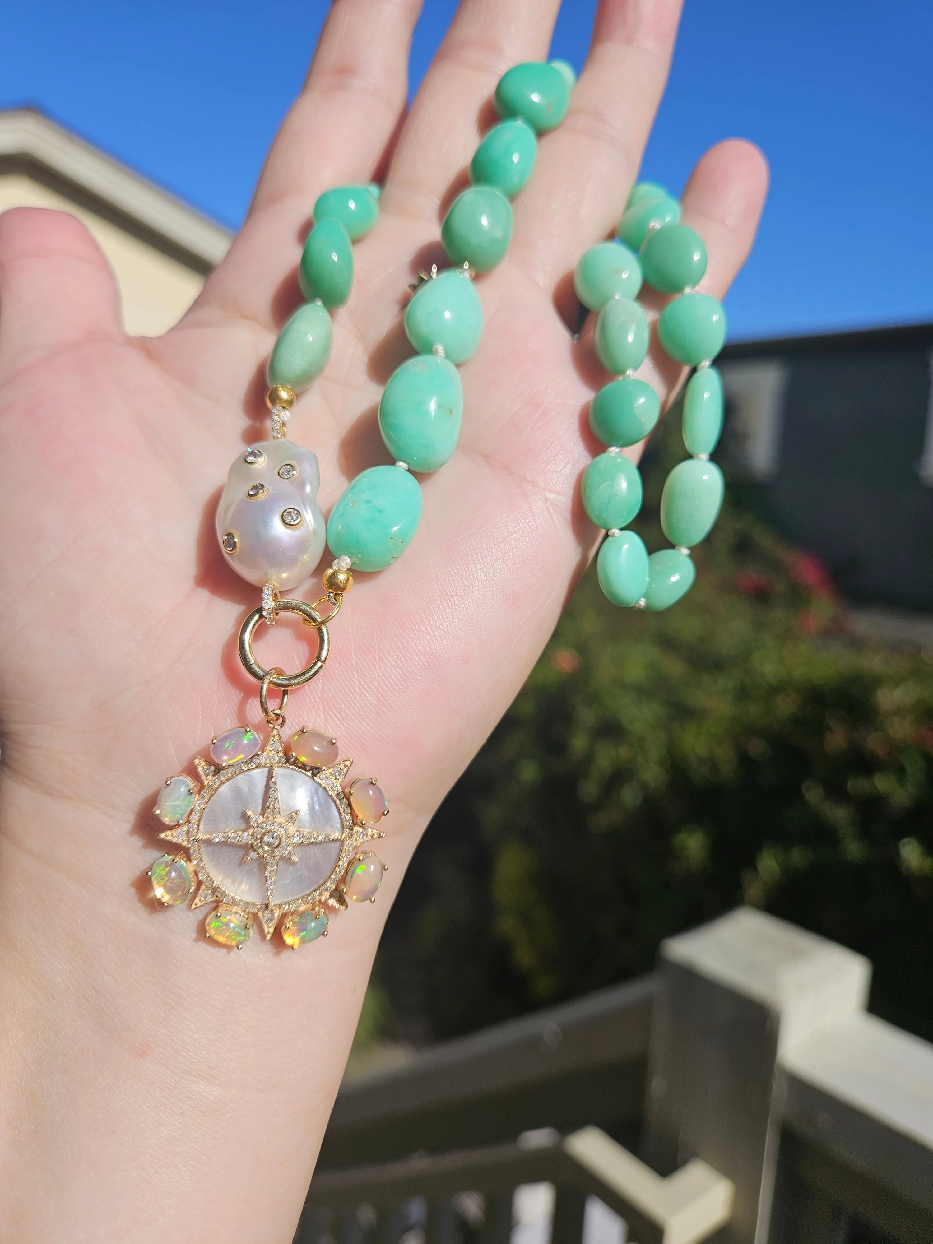 14k & 18k Solid Gold  - Chrysoprase & Freshwater Baroque Pearl Diamond Star Gemstone Necklace 19"