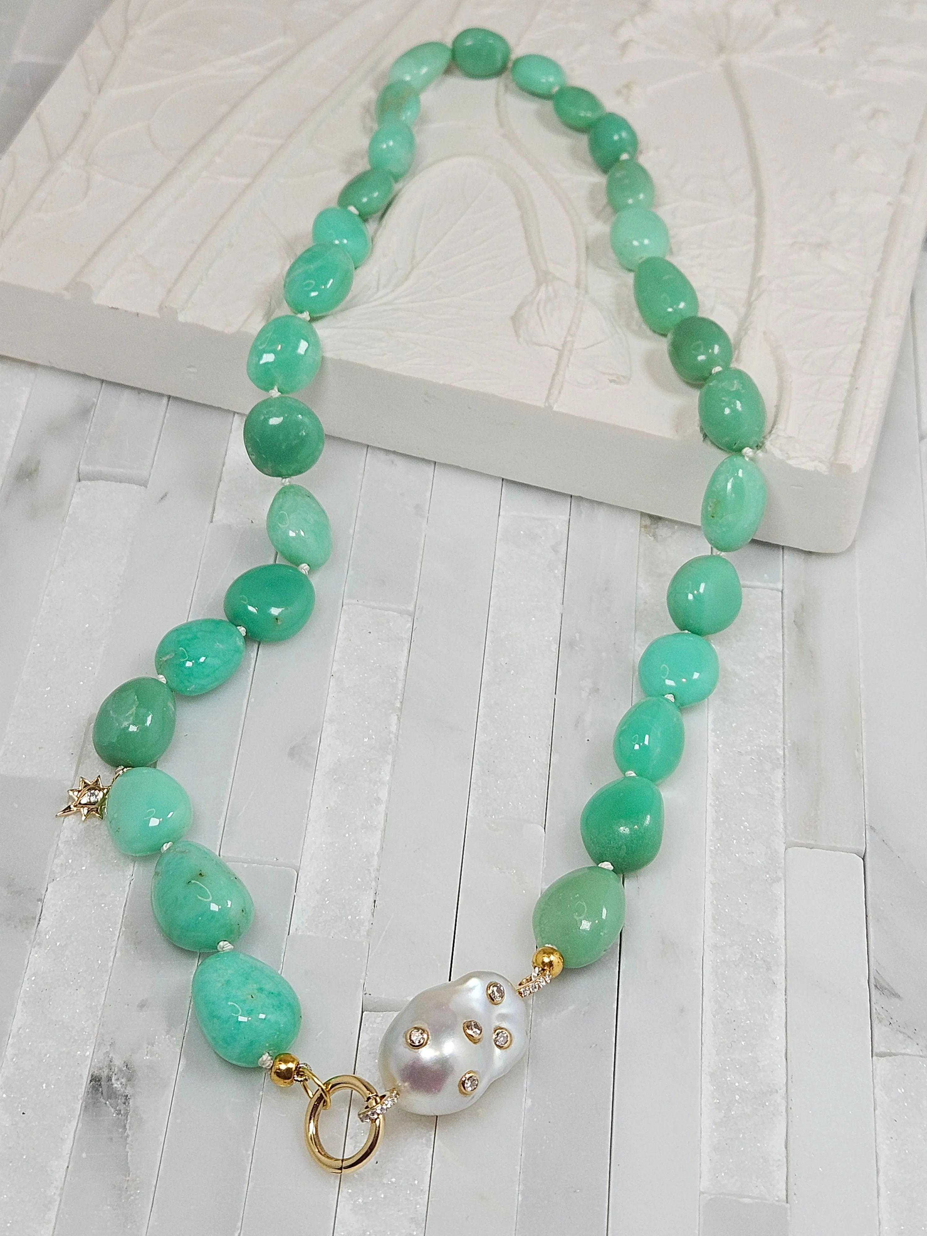 14k & 18k Solid Gold  - Chrysoprase & Freshwater Baroque Pearl Diamond Star Gemstone Necklace 19"