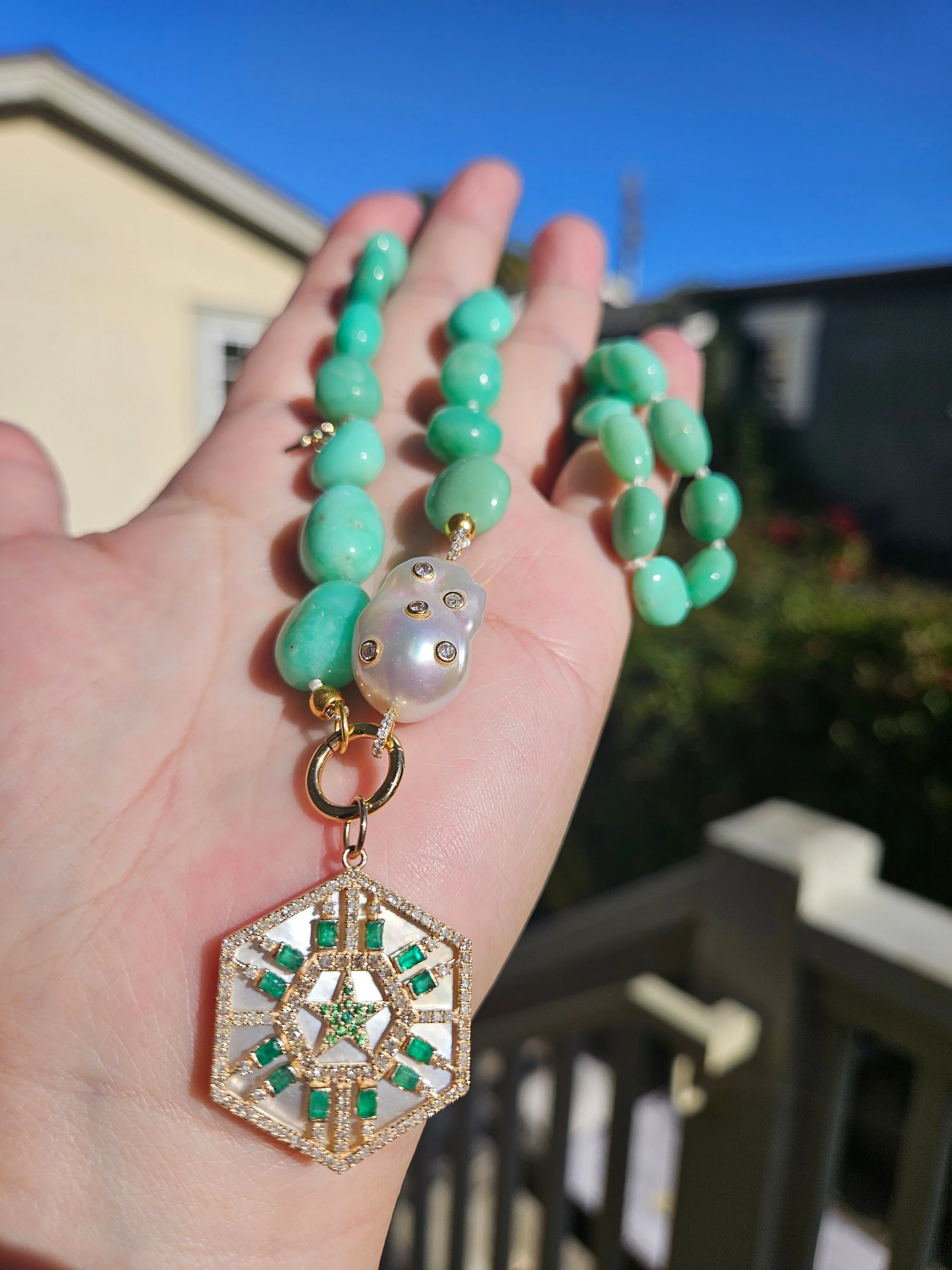 14k & 18k Solid Gold  - Chrysoprase & Freshwater Baroque Pearl Diamond Star Gemstone Necklace 19"