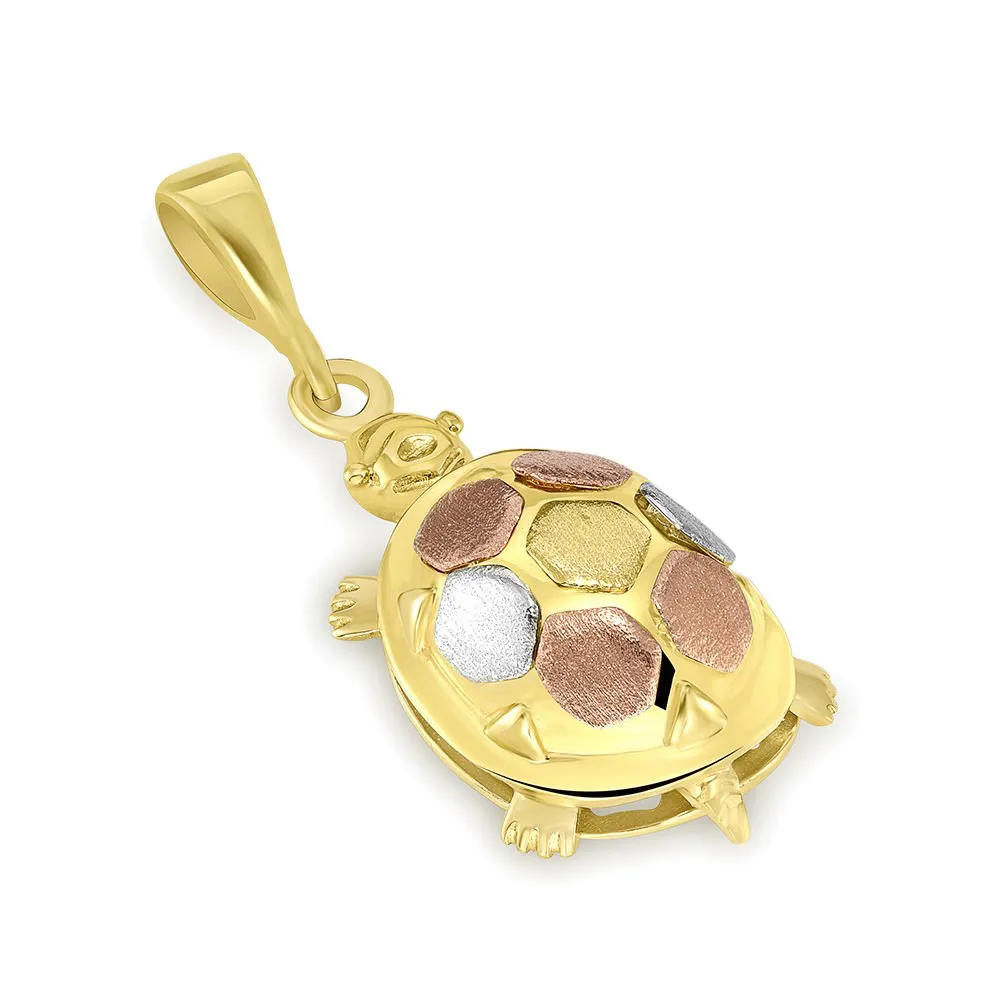14K Gold Fancy Turtle Charm Animal Pendant with Figaro Chain Necklace - Tri-Color Gold