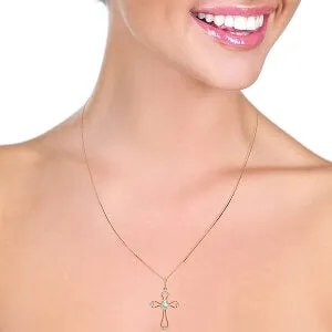 14K Solid Rose Gold Cross Necklace w/ Natural Diamonds & Aquamarine
