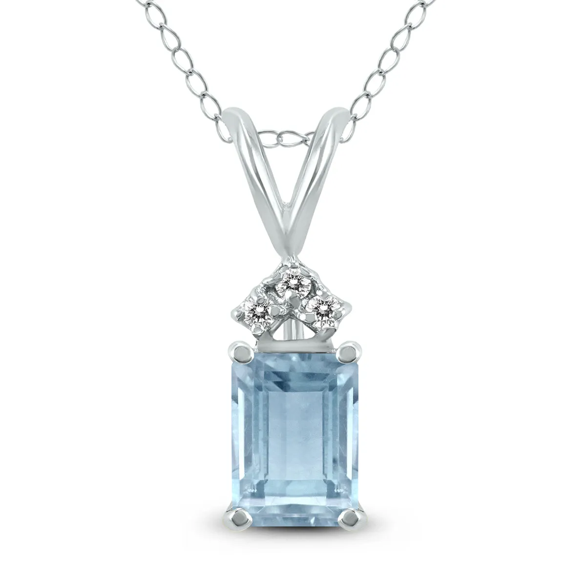 14K White Gold 6X4Mm Emerald Shaped Aquamarine And Three Stone Diamond Pendant