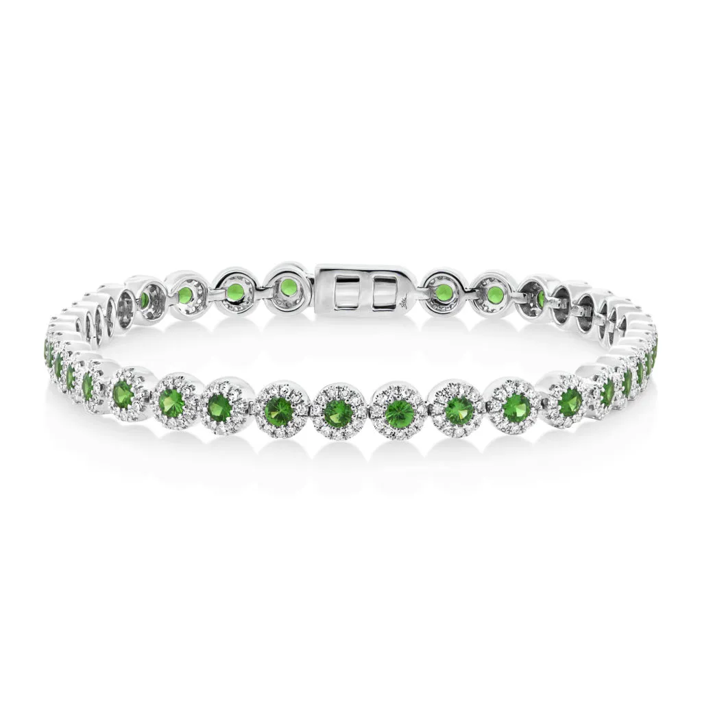 14K White Gold Green Garnet Sapphire and Diamond Tennis Bracelet