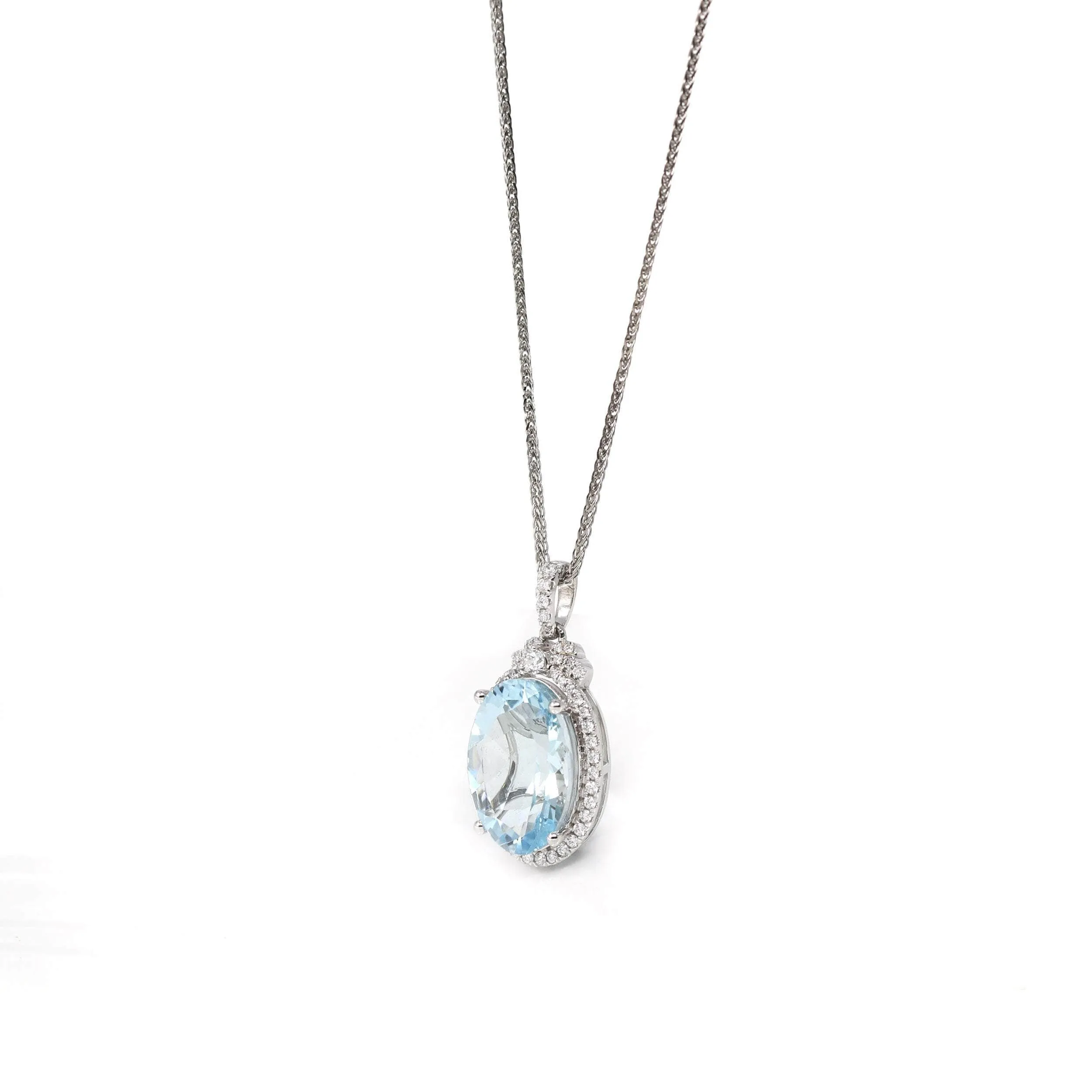14k White Gold Natural Oval Aquamarine Necklace With Diamond