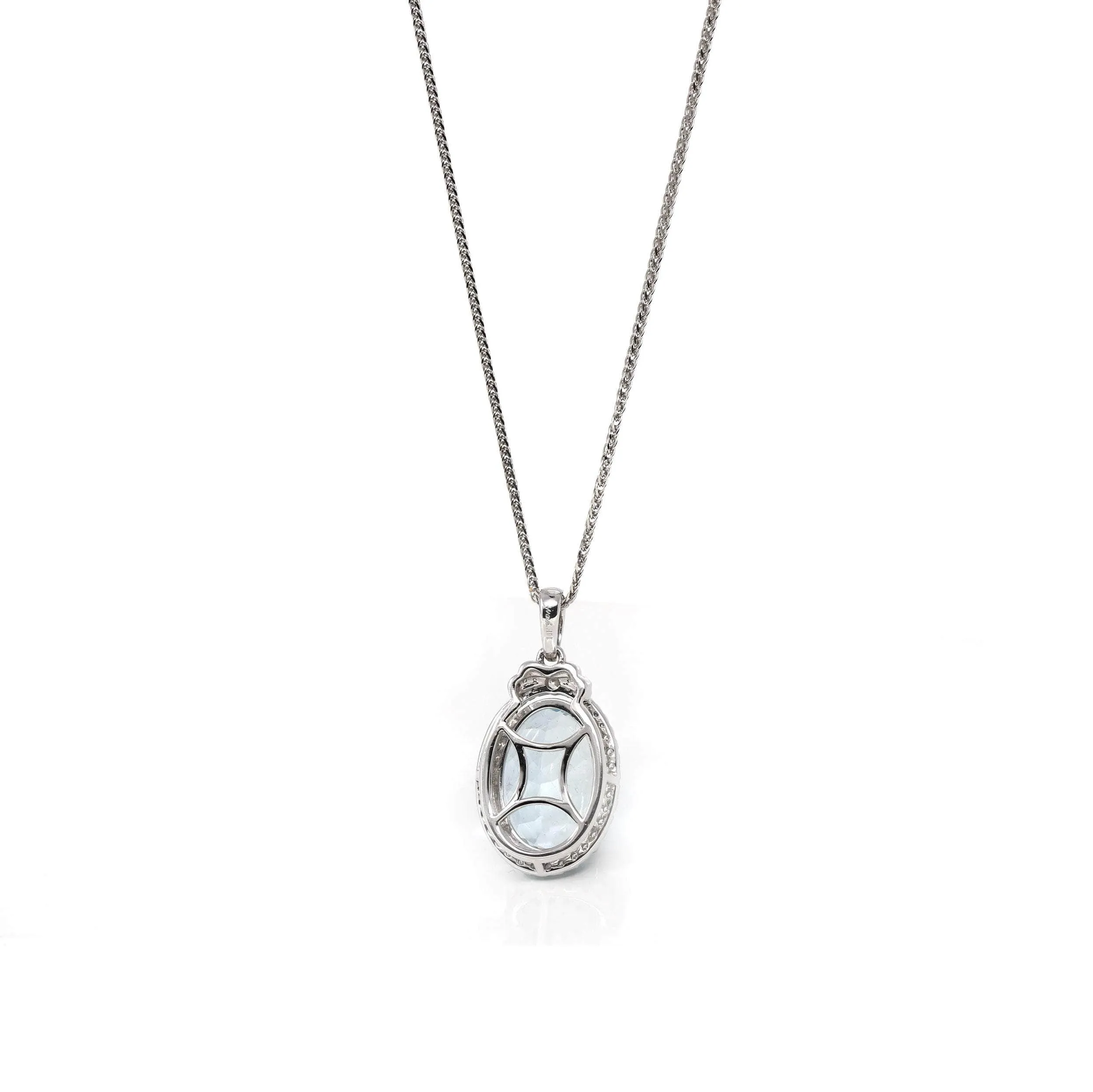 14k White Gold Natural Oval Aquamarine Necklace With Diamond