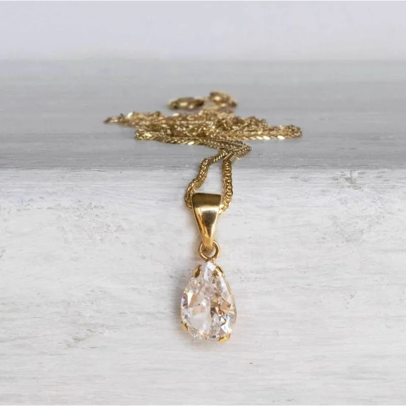 14K Yellow Gold Teardrop White Cubic Zirconia 7X10mm Pendant