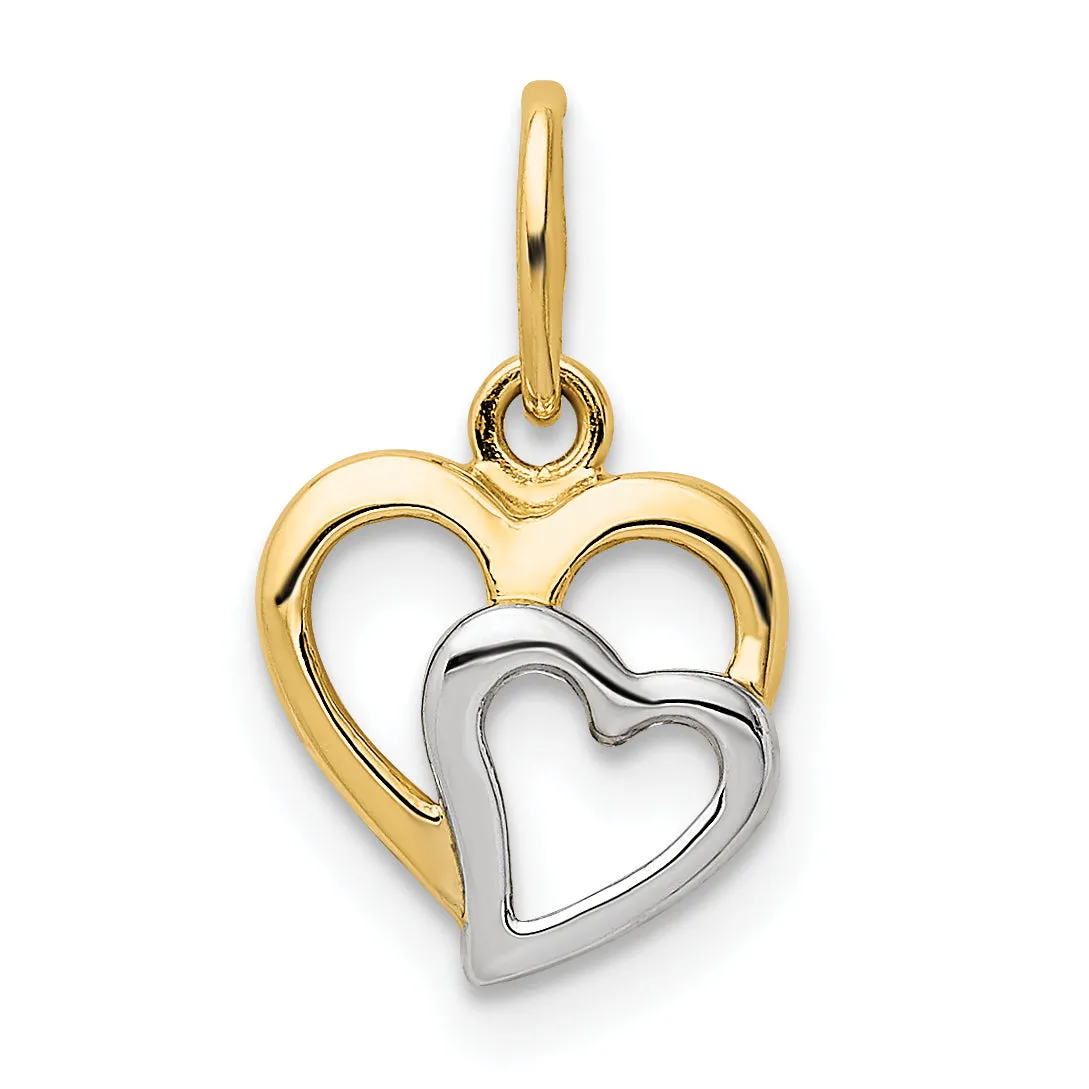 14k Yellow Gold White Rhodium Polished Hearts Pendant