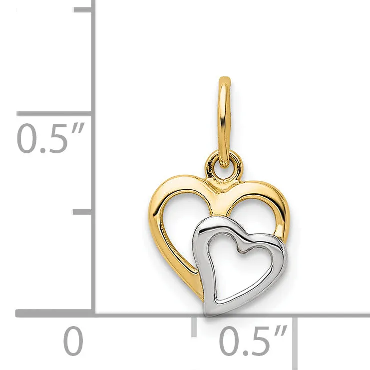 14k Yellow Gold White Rhodium Polished Hearts Pendant