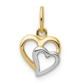 14k Yellow Gold White Rhodium Polished Hearts Pendant