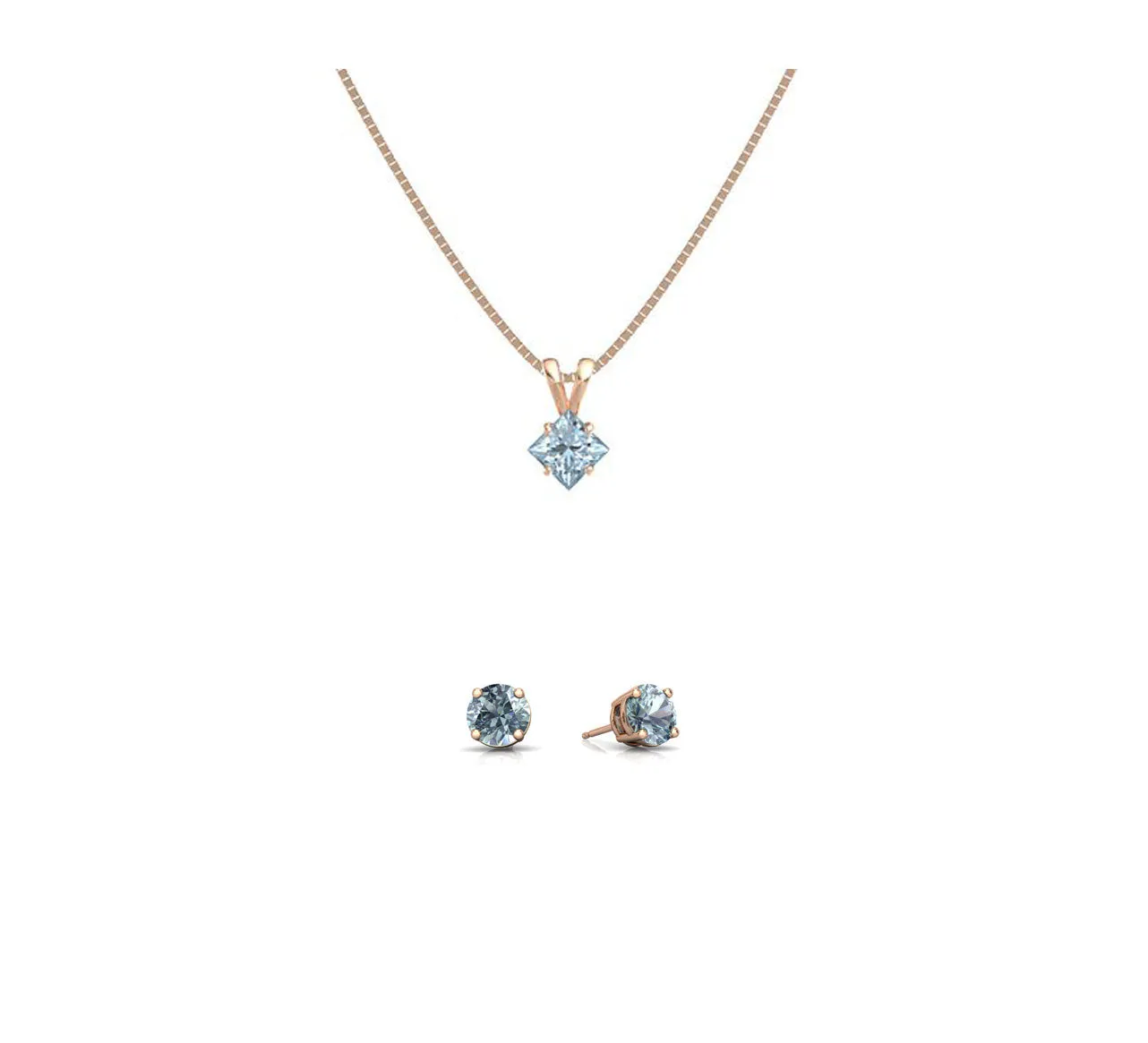 18K Rose Gold 3ct Aquamarine Square 18 Inch Necklace and Round Earrings Set Plated
