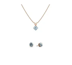 18K Rose Gold 3ct Aquamarine Square 18 Inch Necklace and Round Earrings Set Plated