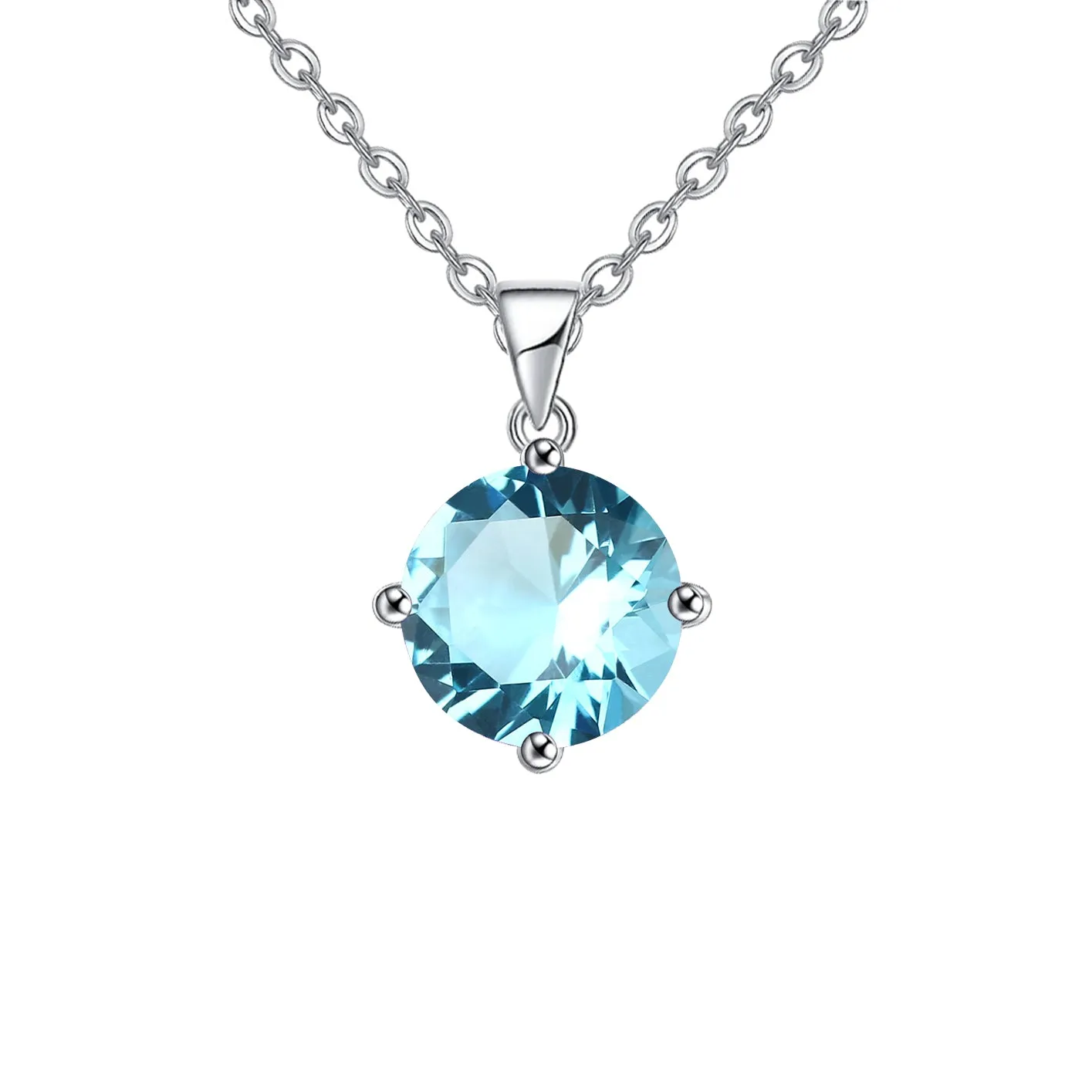 18K White Gold 2 Carat Created Aquamarine Round Stud Necklace Plated 18 inch