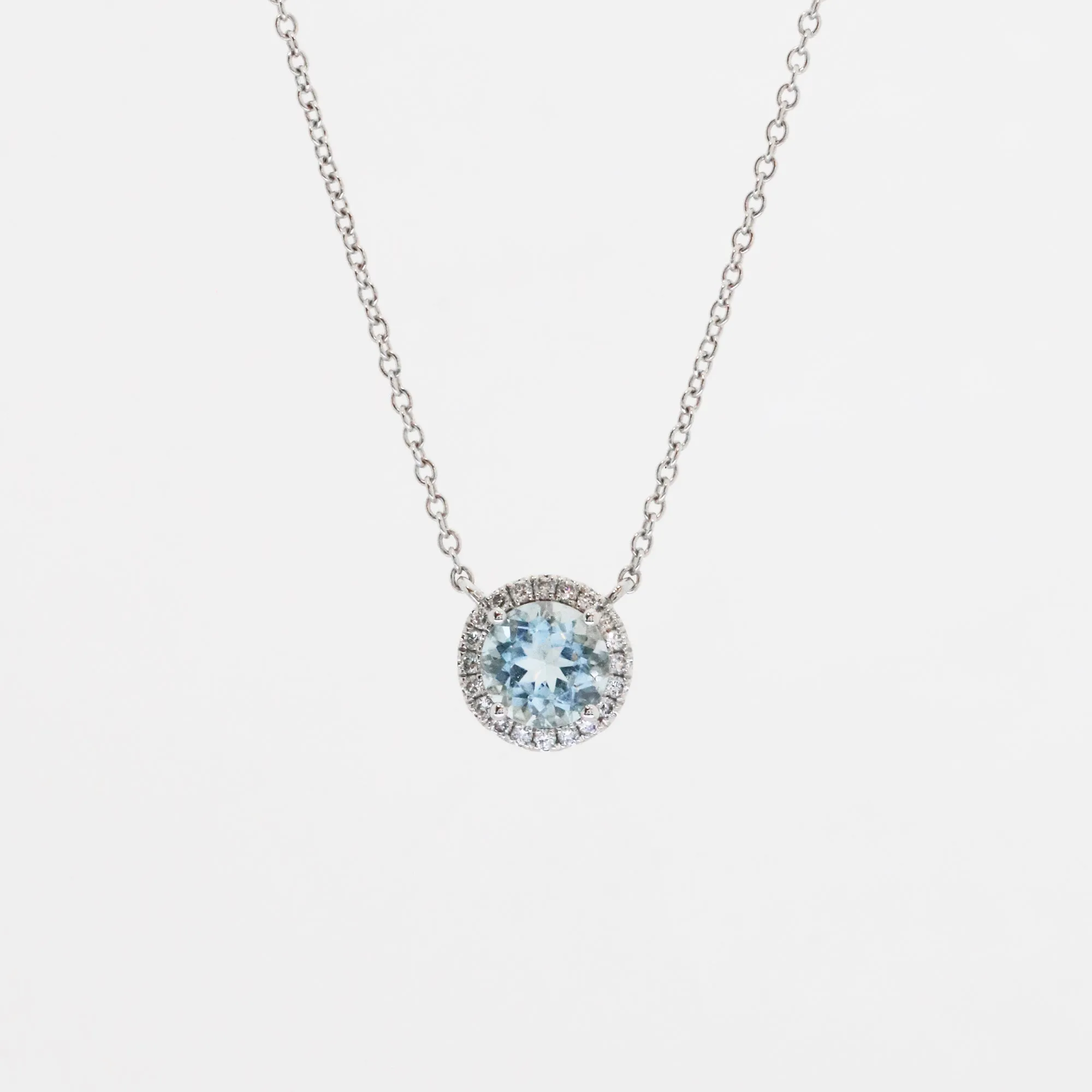 18k White Gold Aquamarine Halo Diamond Necklace