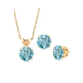 18K Yellow Gold 1/2ct  Aquamarine Round 18 Inch Necklace and Earrings Set Plated