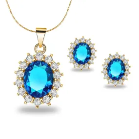18K Yellow Gold Created Aquamarine Round 3 Carat Oval Necklace Plated 18 inch