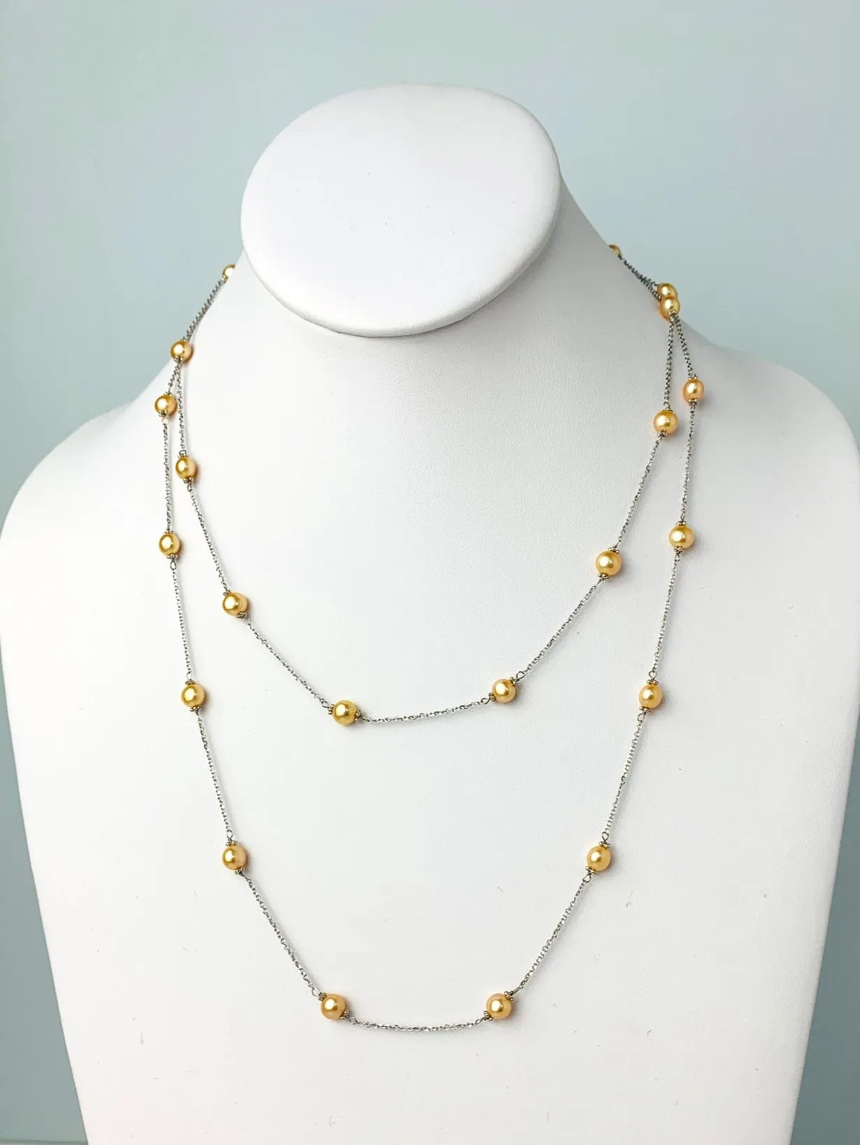 40" Gold Pearl Station Necklace With Rondelle Accents in 14KW - NCK-628-TNCPRL14W-YL-40