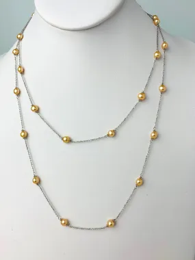 40" Gold Pearl Station Necklace With Rondelle Accents in 14KW - NCK-628-TNCPRL14W-YL-40