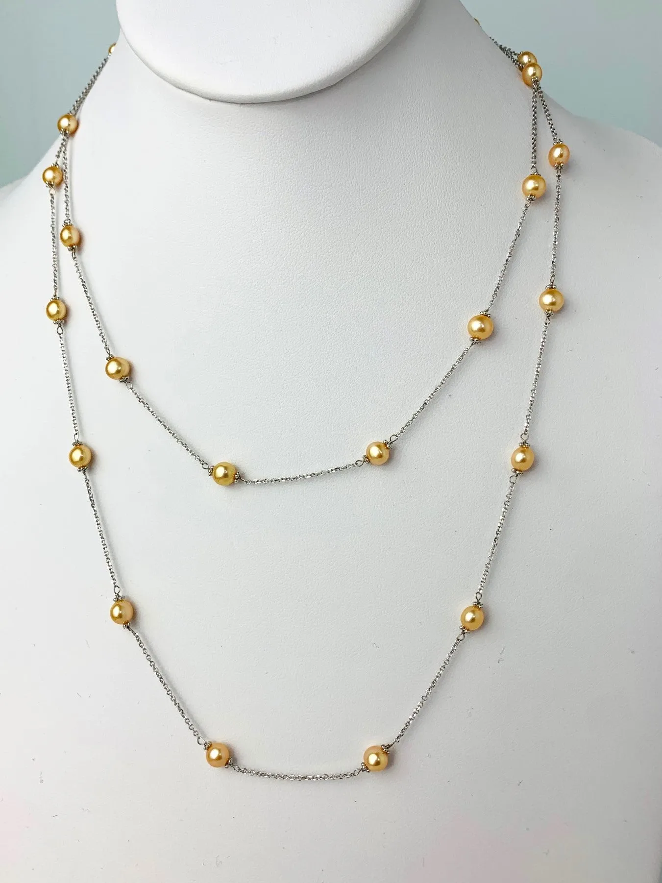 40" Gold Pearl Station Necklace With Rondelle Accents in 14KW - NCK-628-TNCPRL14W-YL-40