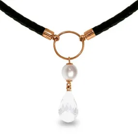 9 Carat 14K Solid Rose Gold Leather Necklace Pearl White Topaz