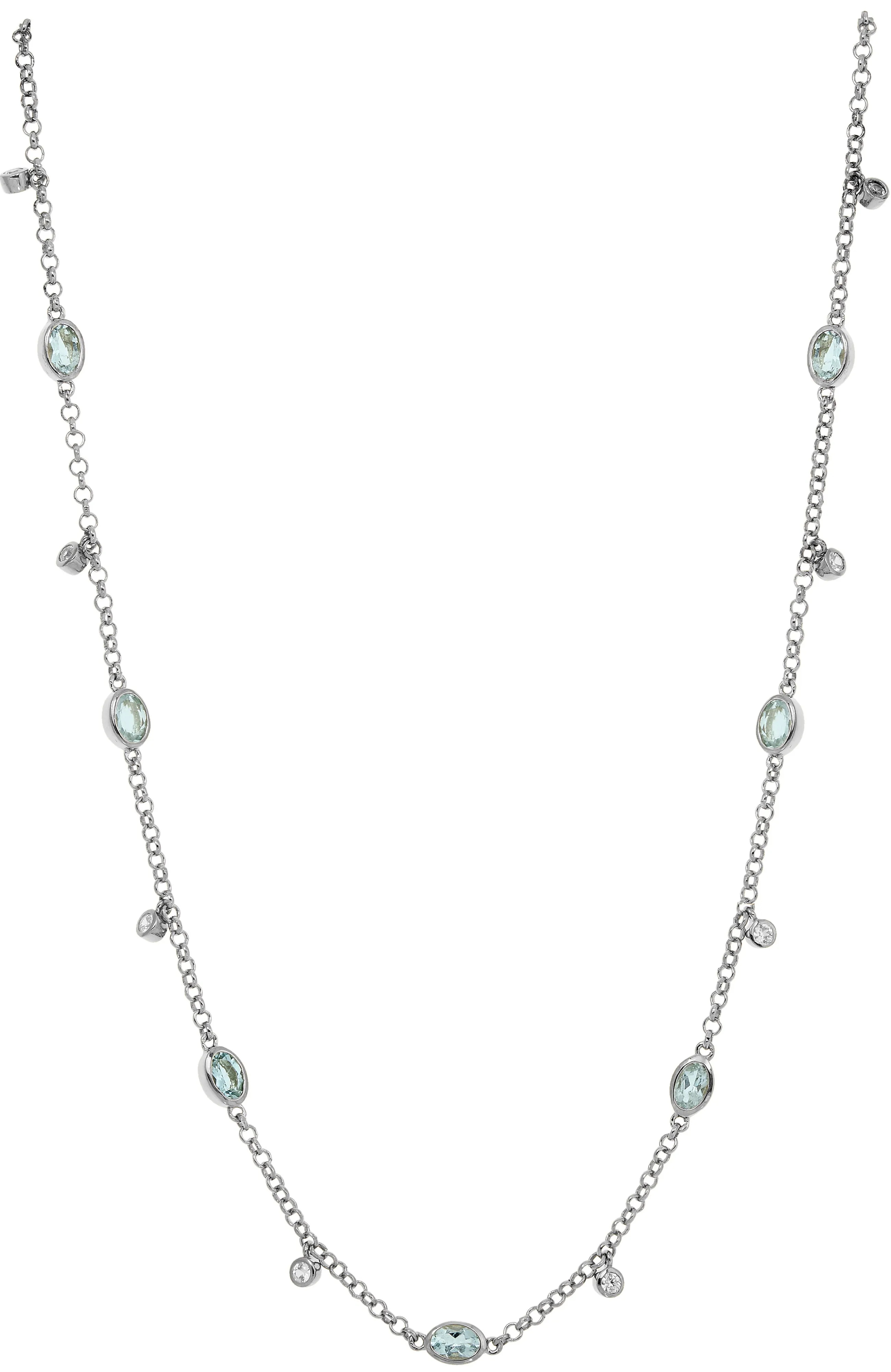 .925 STERLING SILVER RHODIUM PLATE AQUAMARINE WITH WHITE ZIRCON NECKLACE