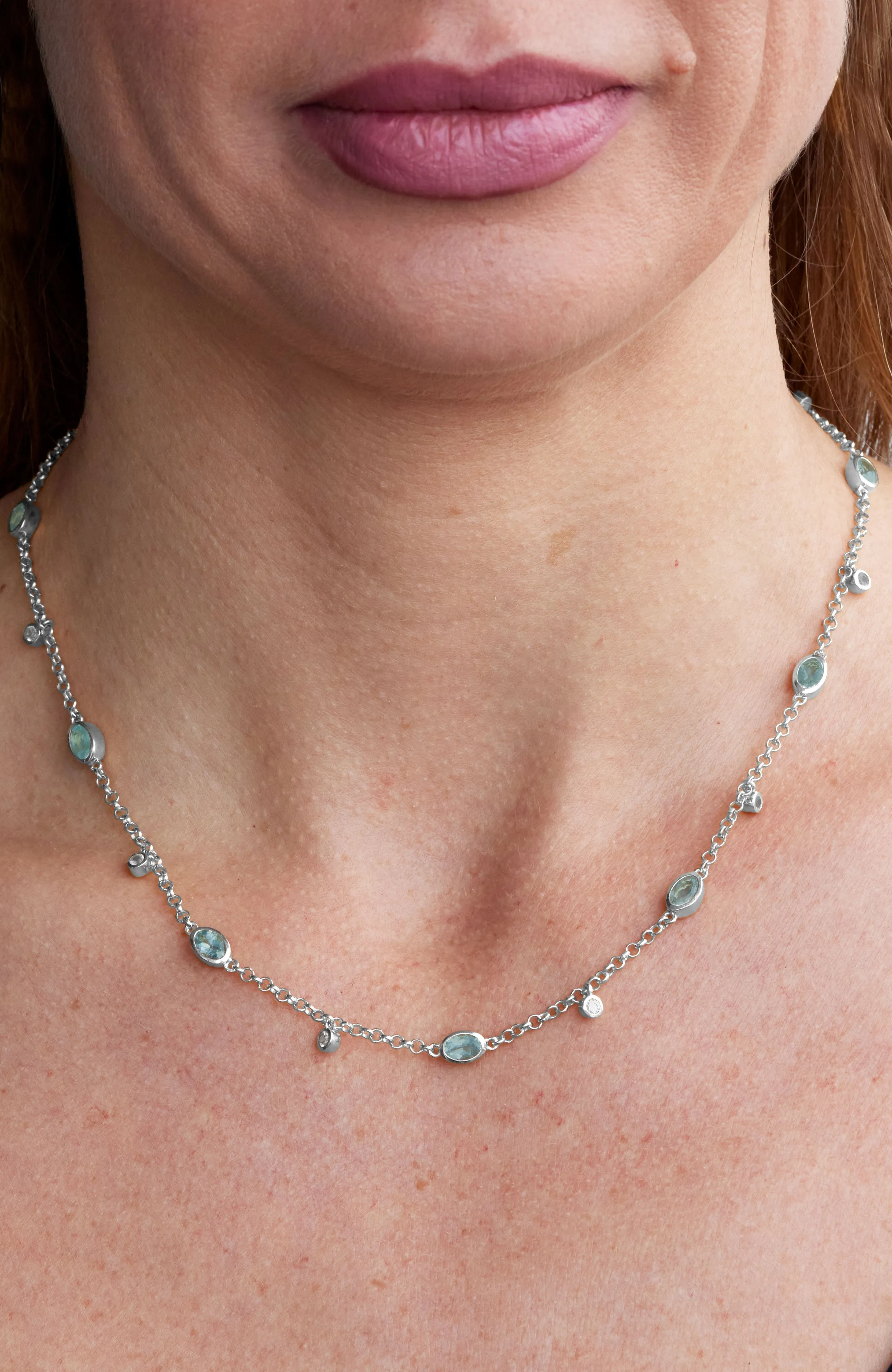 .925 STERLING SILVER RHODIUM PLATE AQUAMARINE WITH WHITE ZIRCON NECKLACE