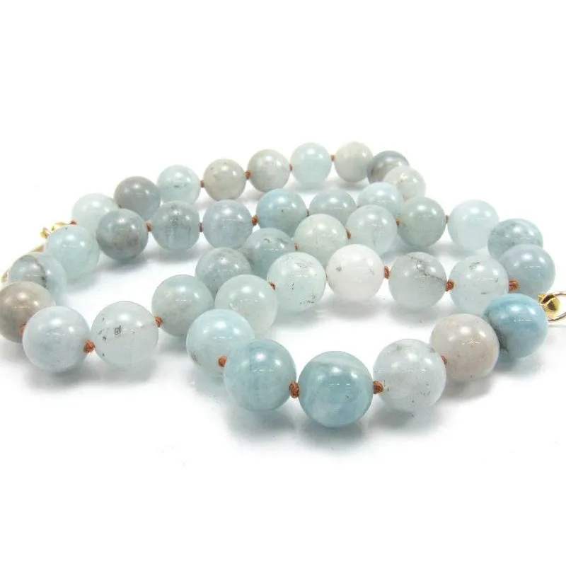 Aquamarine 10mm Rounds Knotted Necklace with Gold Filled Lobster Claw Clasp