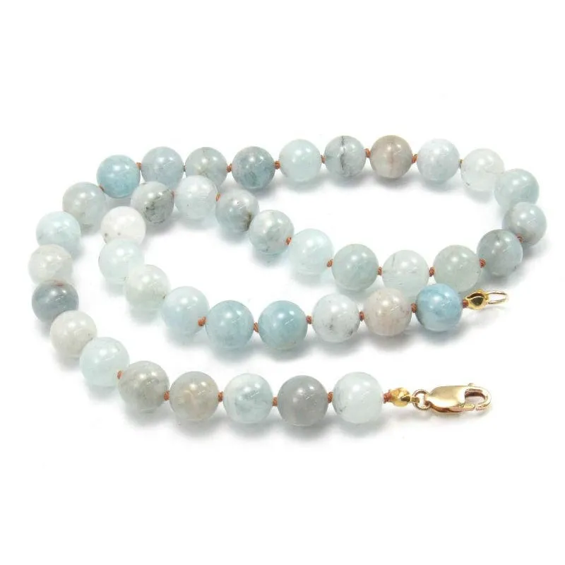 Aquamarine 10mm Rounds Knotted Necklace with Gold Filled Lobster Claw Clasp