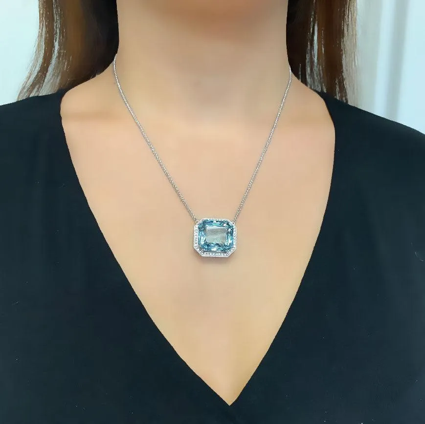 Aquamarine Emerald Cut Diamond Halo Necklace