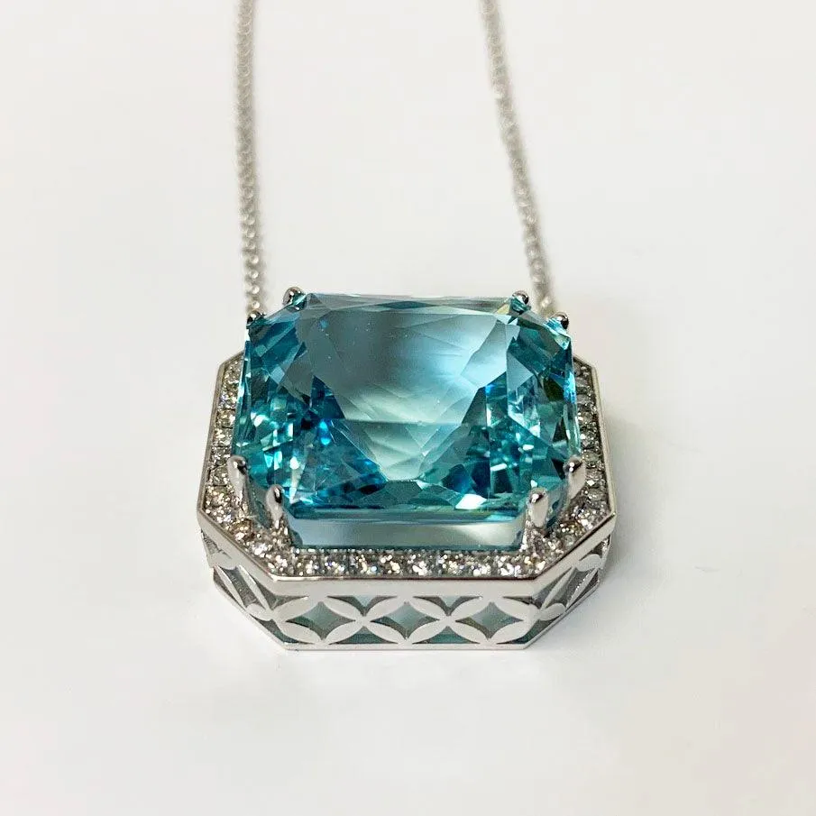 Aquamarine Emerald Cut Diamond Halo Necklace