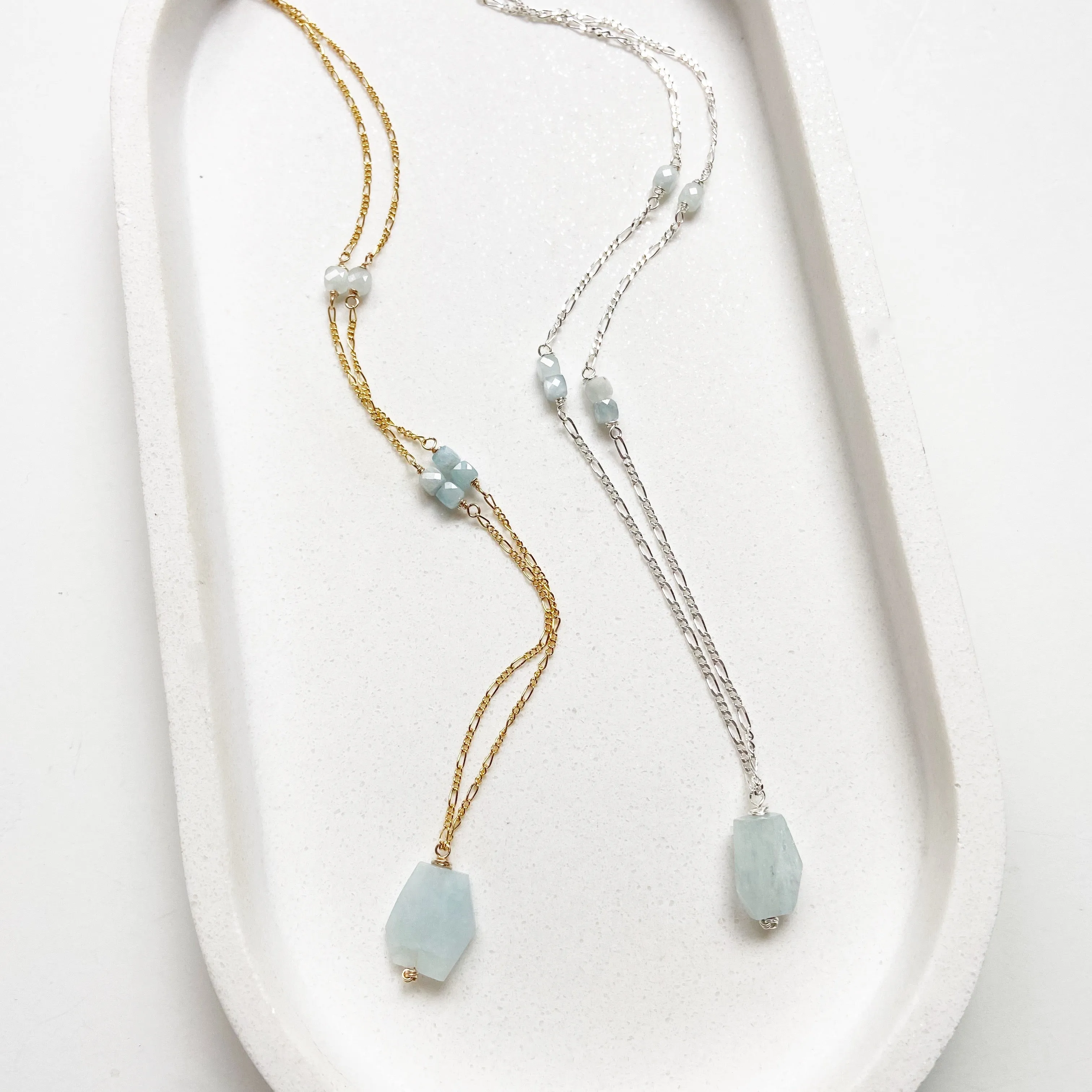 Aquamarine Floating Gemstone Necklace in Gold or Silver (21 inches)