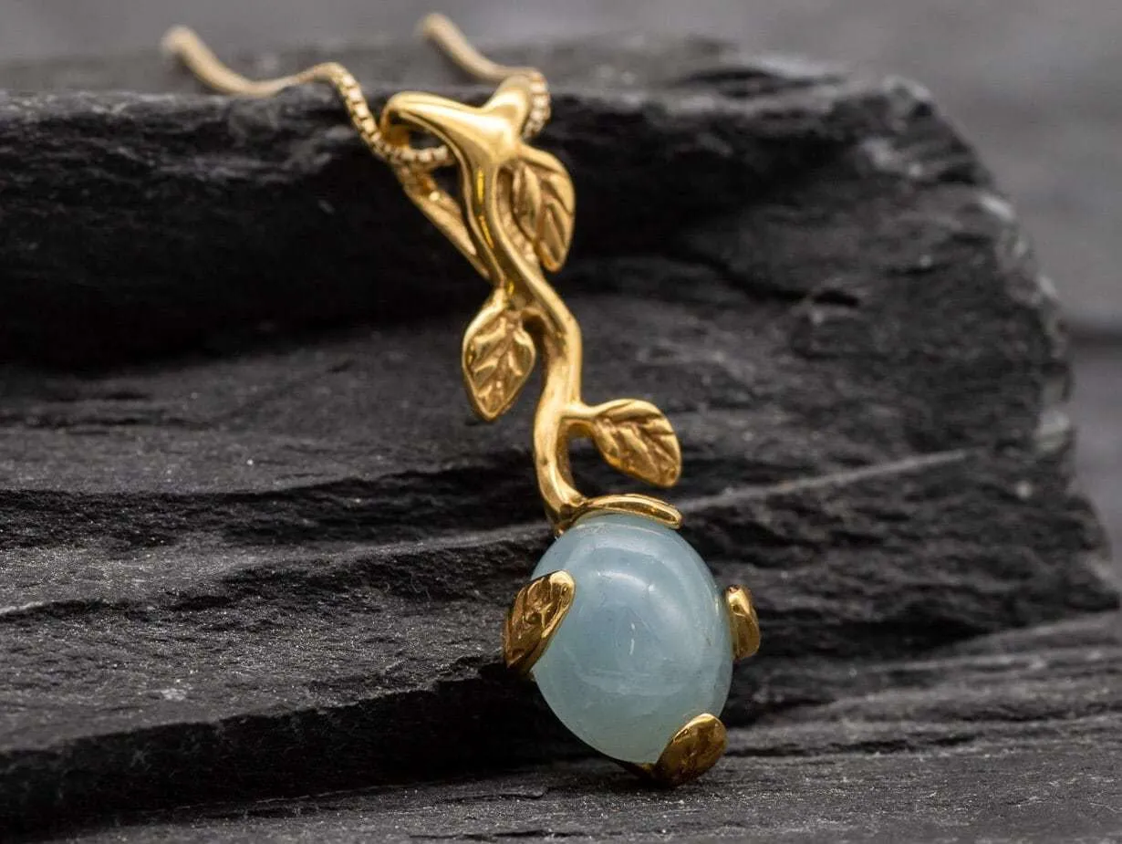 Aquamarine Leaf Pendant - Natural Aquamarine Necklace, Gold Aquamarine Pendant