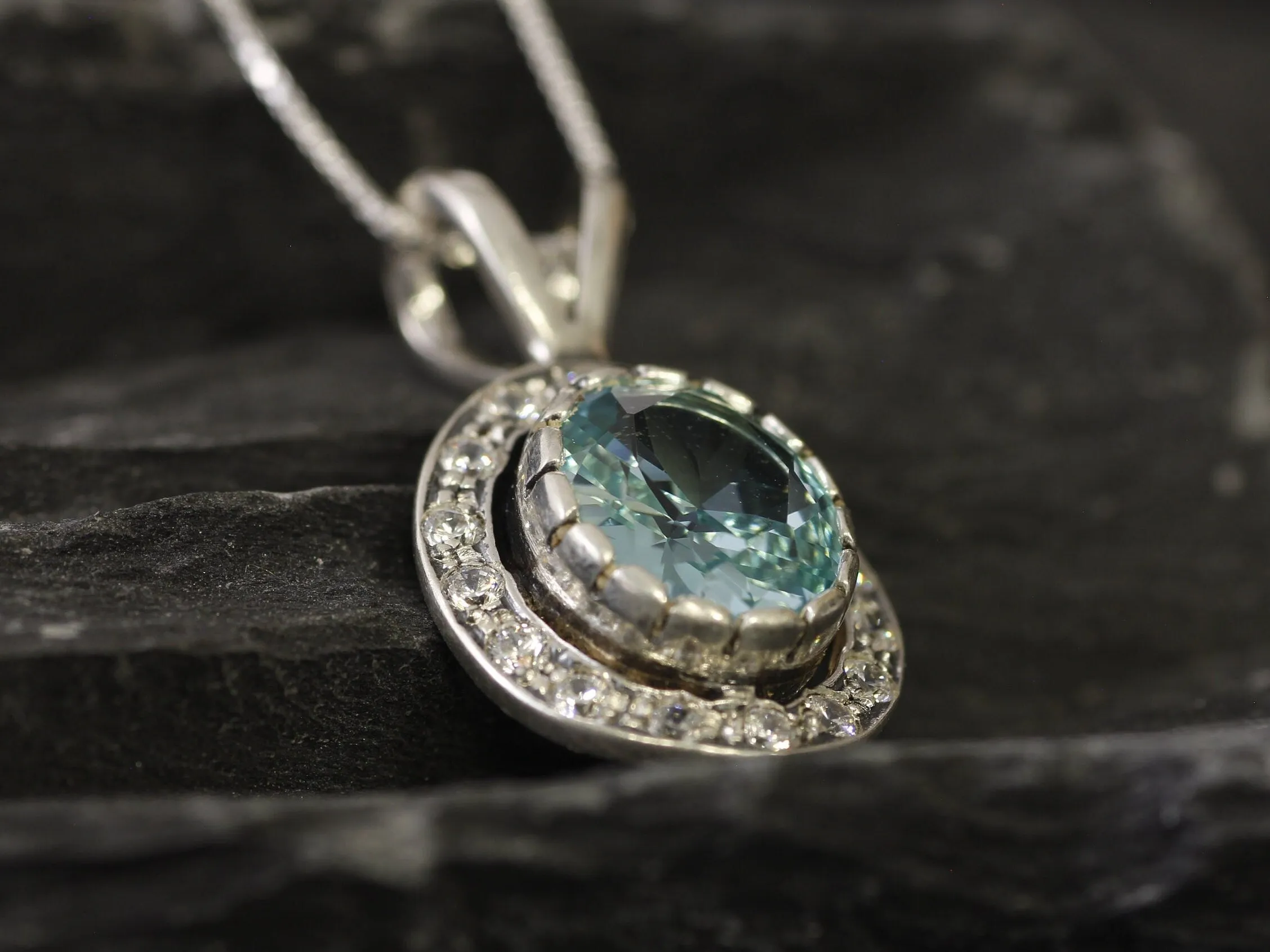 Aquamarine Victorian Necklace - Blue Gemstone Pendant - Aquamarine Halo Necklace