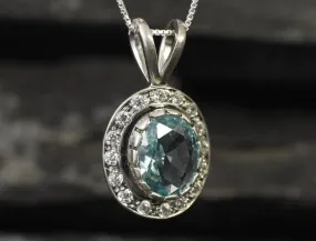 Aquamarine Victorian Necklace - Blue Gemstone Pendant - Aquamarine Halo Necklace