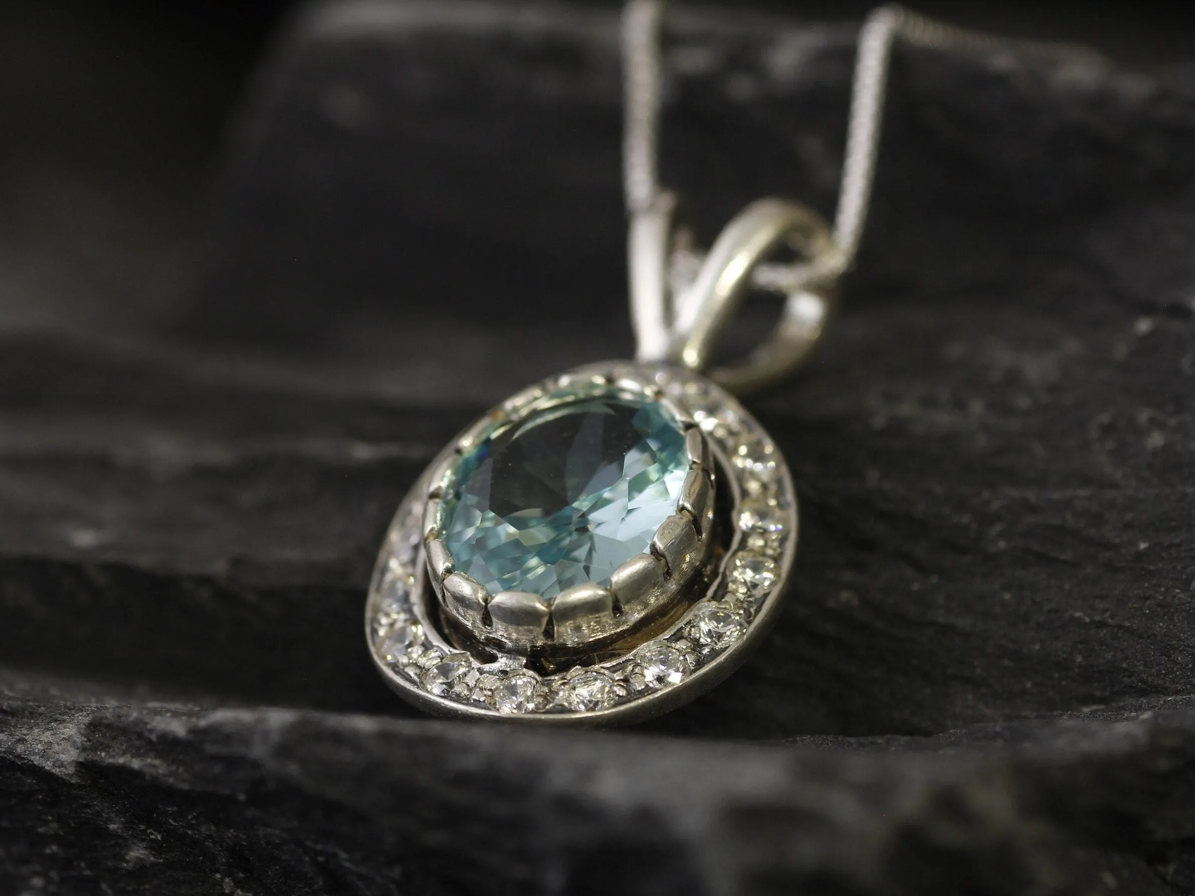 Aquamarine Victorian Necklace - Blue Gemstone Pendant - Aquamarine Halo Necklace