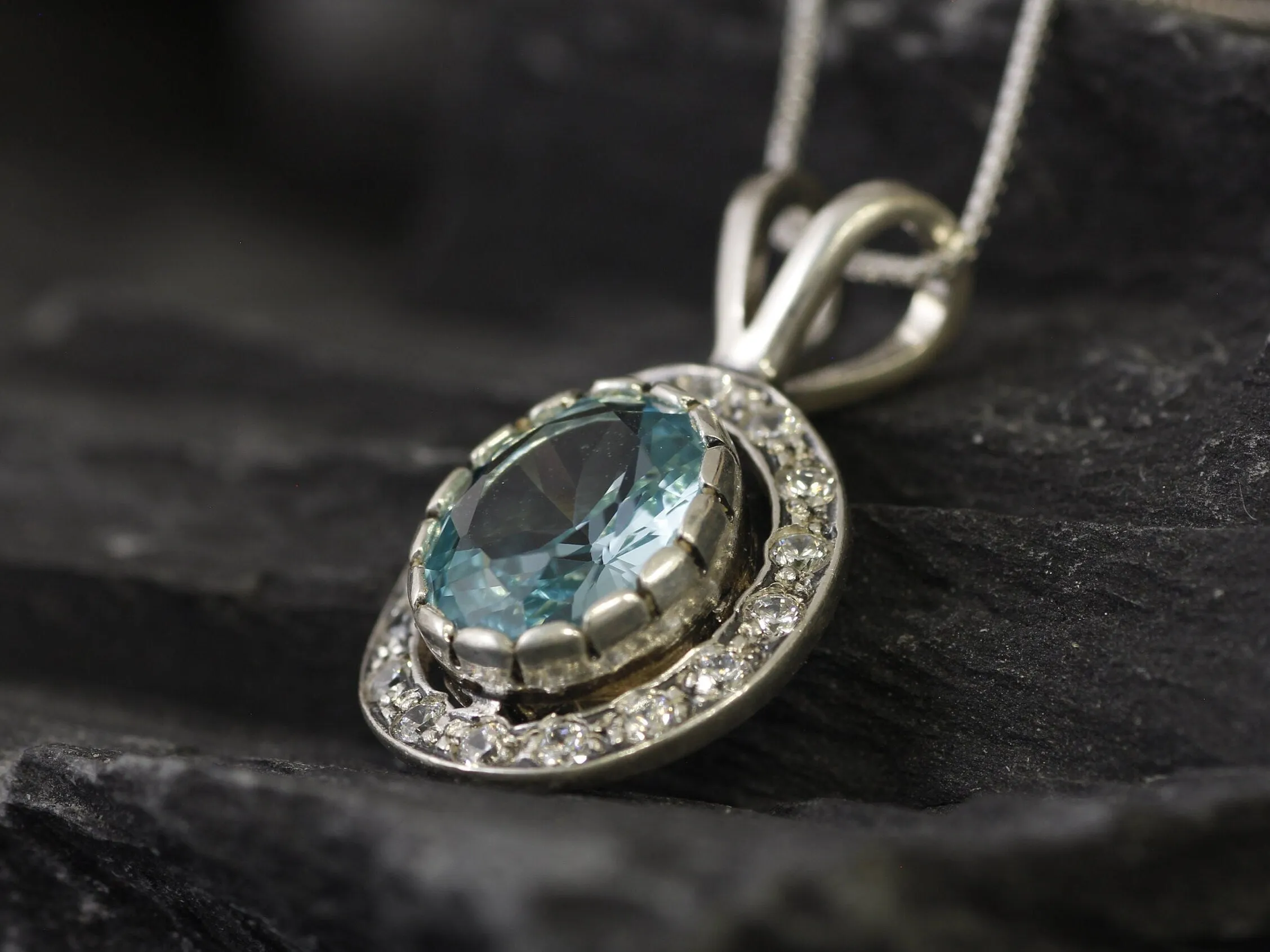 Aquamarine Victorian Necklace - Blue Gemstone Pendant - Aquamarine Halo Necklace