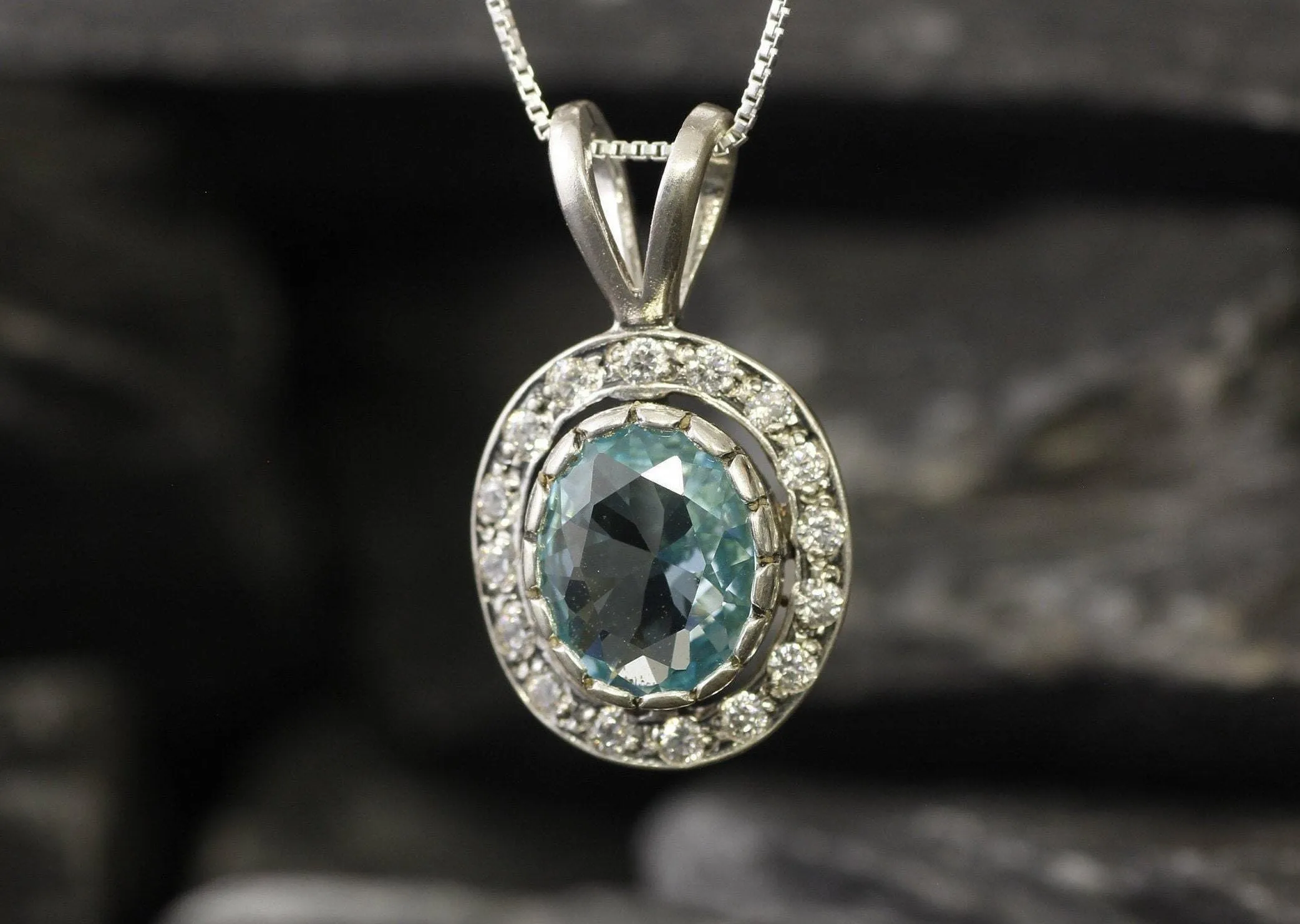 Aquamarine Victorian Necklace - Blue Gemstone Pendant - Aquamarine Halo Necklace
