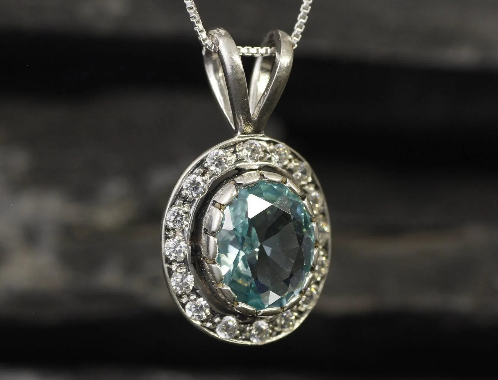 Aquamarine Victorian Necklace - Blue Gemstone Pendant - Aquamarine Halo Necklace