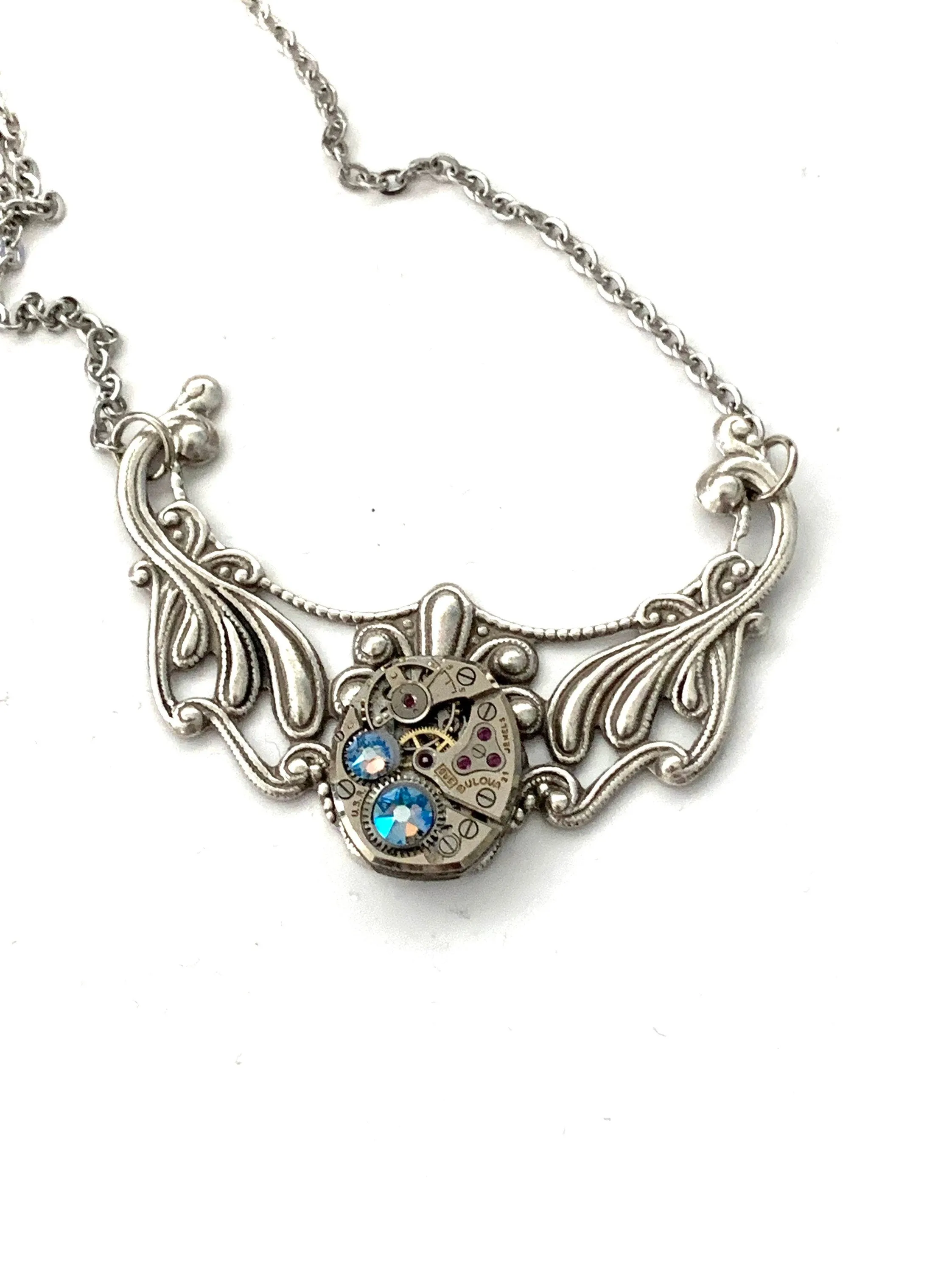 Art Nouveau Steampunk Silver necklace Pendant - Time Lock - Steampunk Necklace- Repurposed Upcycled watch parts Aquamarine