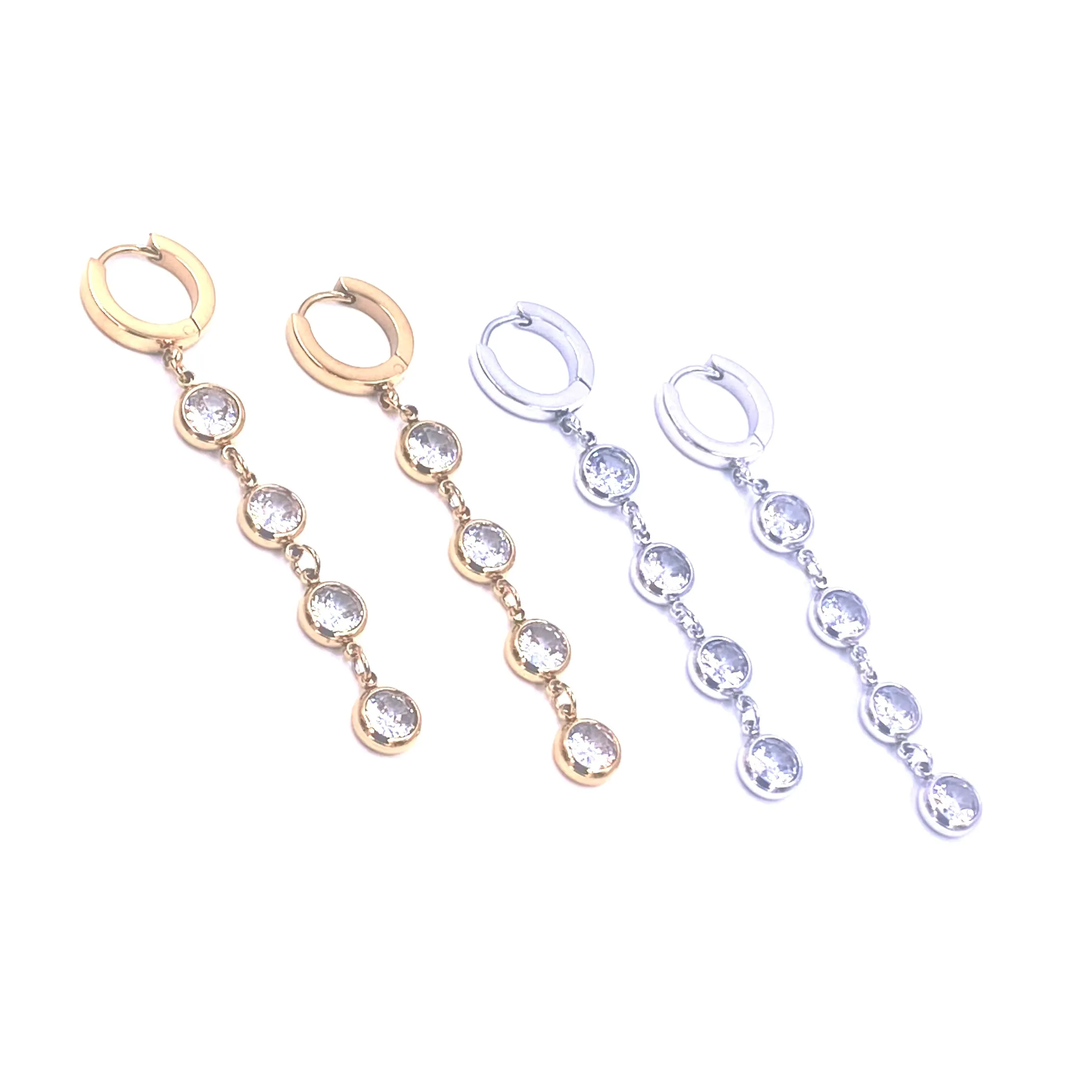 Ashley Gold Stainless Steel Four Bezel Set CZ Drop Design Hoop Earrings