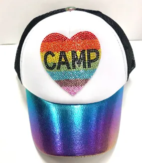 Bari Lynn Rhinestone Camp Rainbow Heart Holographic Trucker Hat