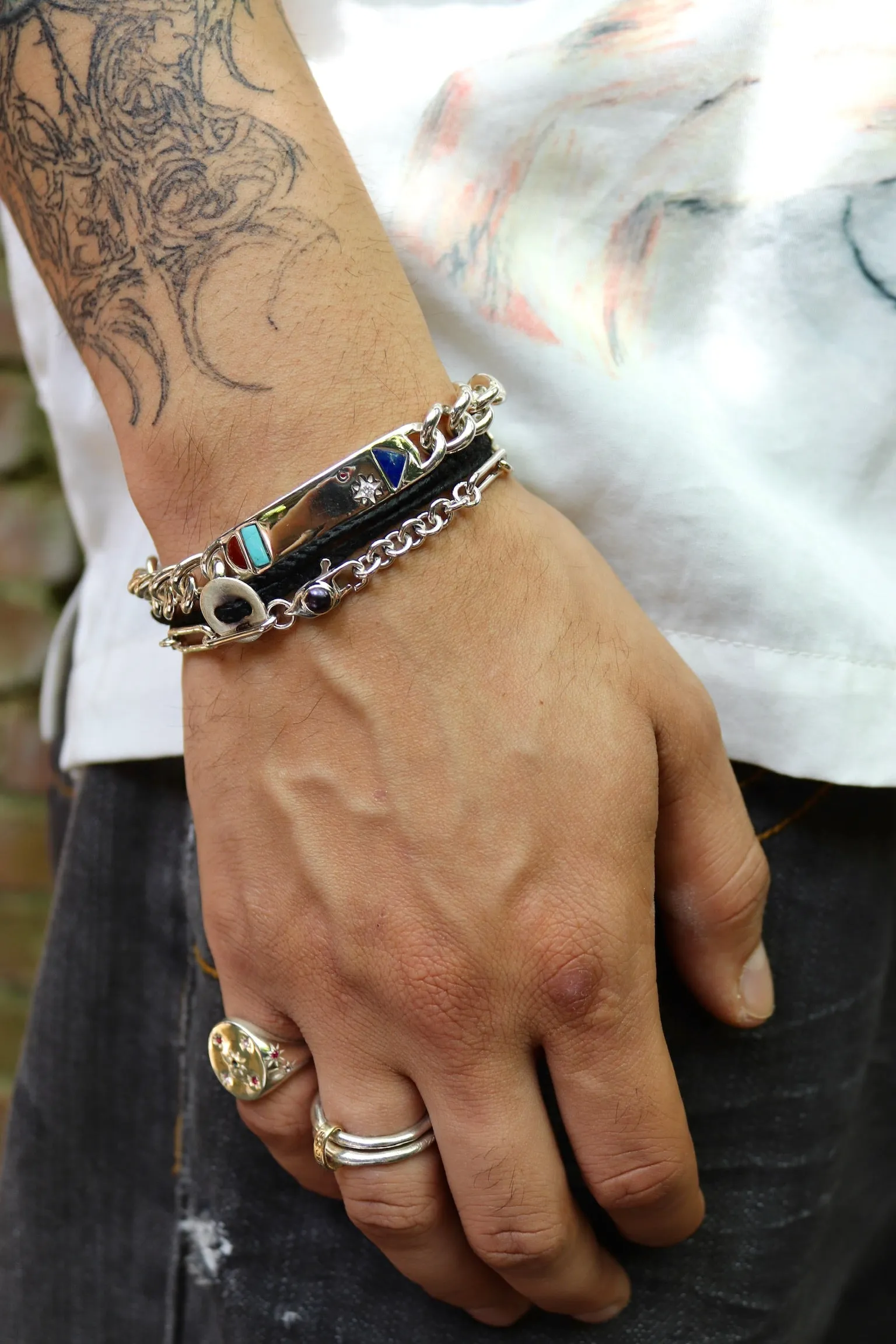 Bidziil Inlay Curb Chain Bracelet in Sterling Silver
