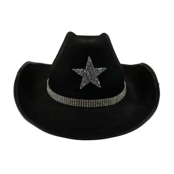 Black Cowboy Hat with Stars and Rhinestone Chain