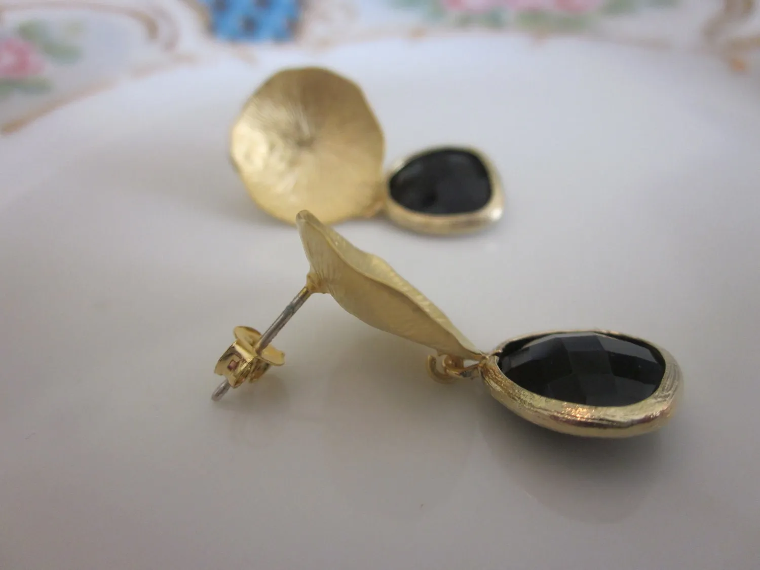 Black Onyx Earrings with Gold Mushroom Coral - Bridesmaid Earrings - Bridal Earrings