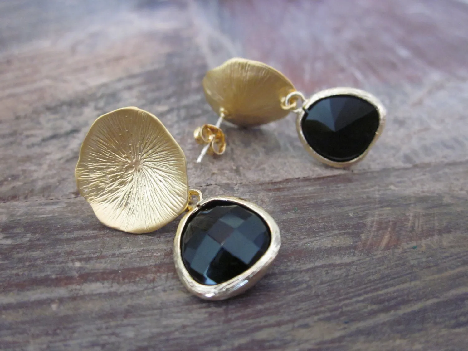 Black Onyx Earrings with Gold Mushroom Coral - Bridesmaid Earrings - Bridal Earrings