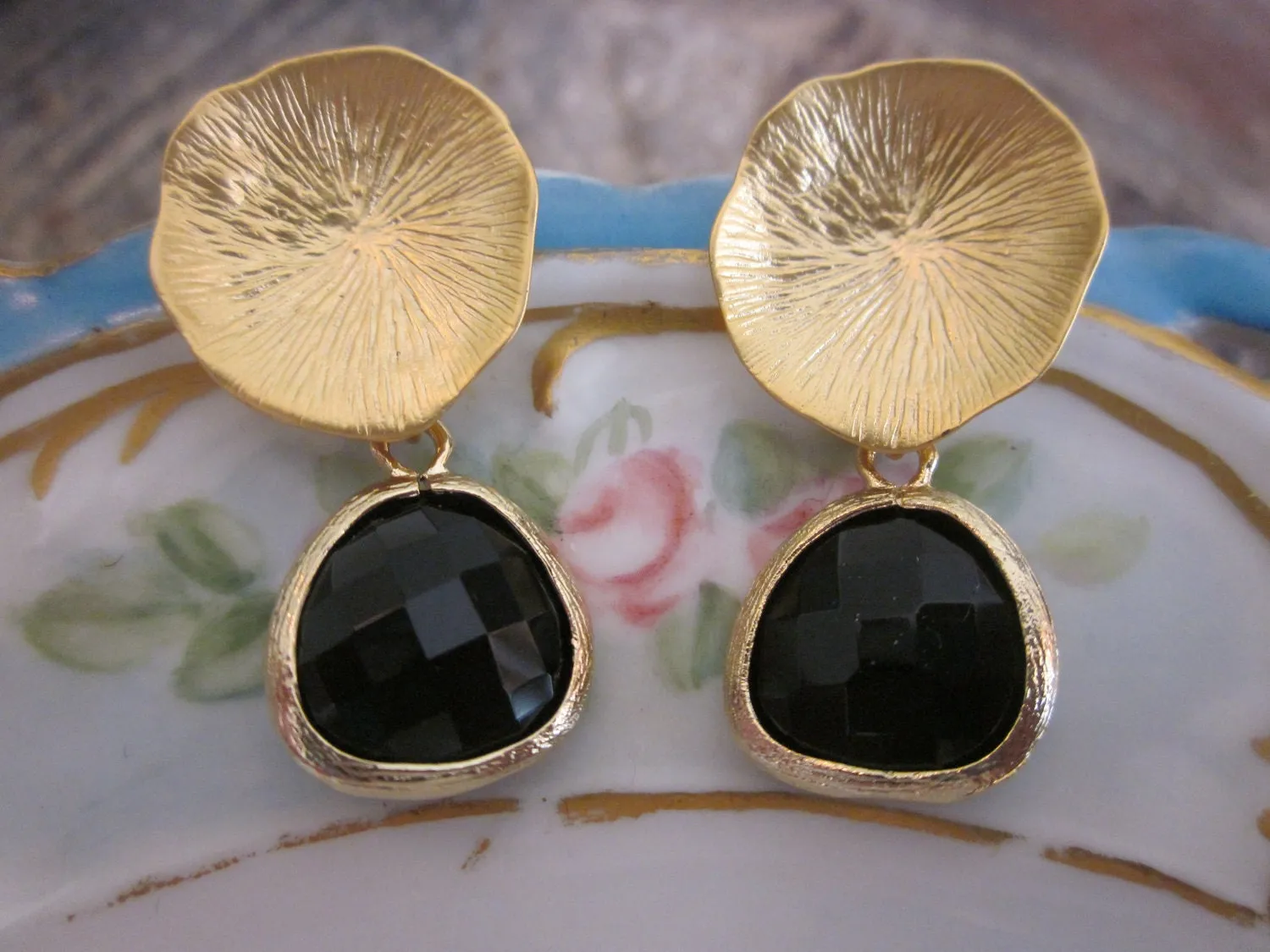 Black Onyx Earrings with Gold Mushroom Coral - Bridesmaid Earrings - Bridal Earrings
