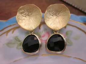Black Onyx Earrings with Gold Mushroom Coral - Bridesmaid Earrings - Bridal Earrings