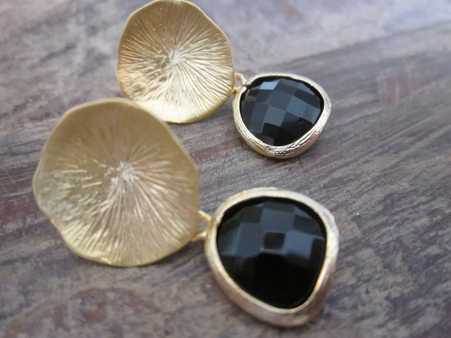 Black Onyx Earrings with Gold Mushroom Coral - Bridesmaid Earrings - Bridal Earrings