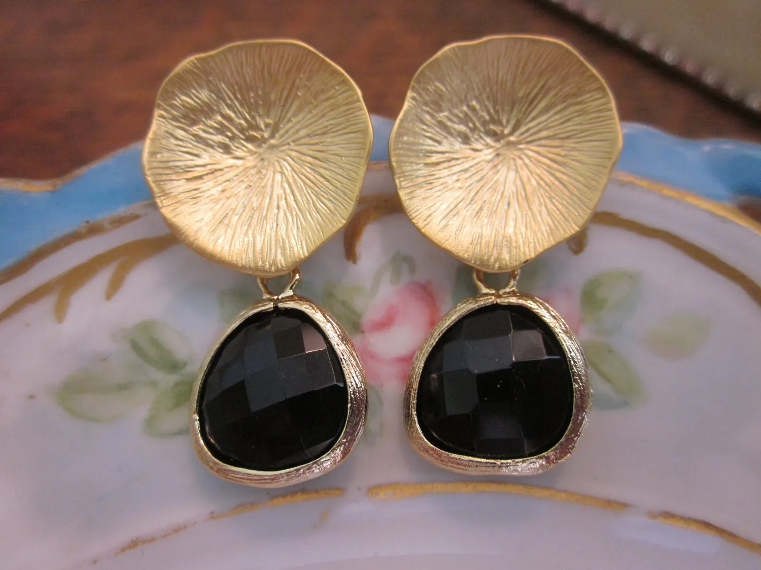 Black Onyx Earrings with Gold Mushroom Coral - Bridesmaid Earrings - Bridal Earrings
