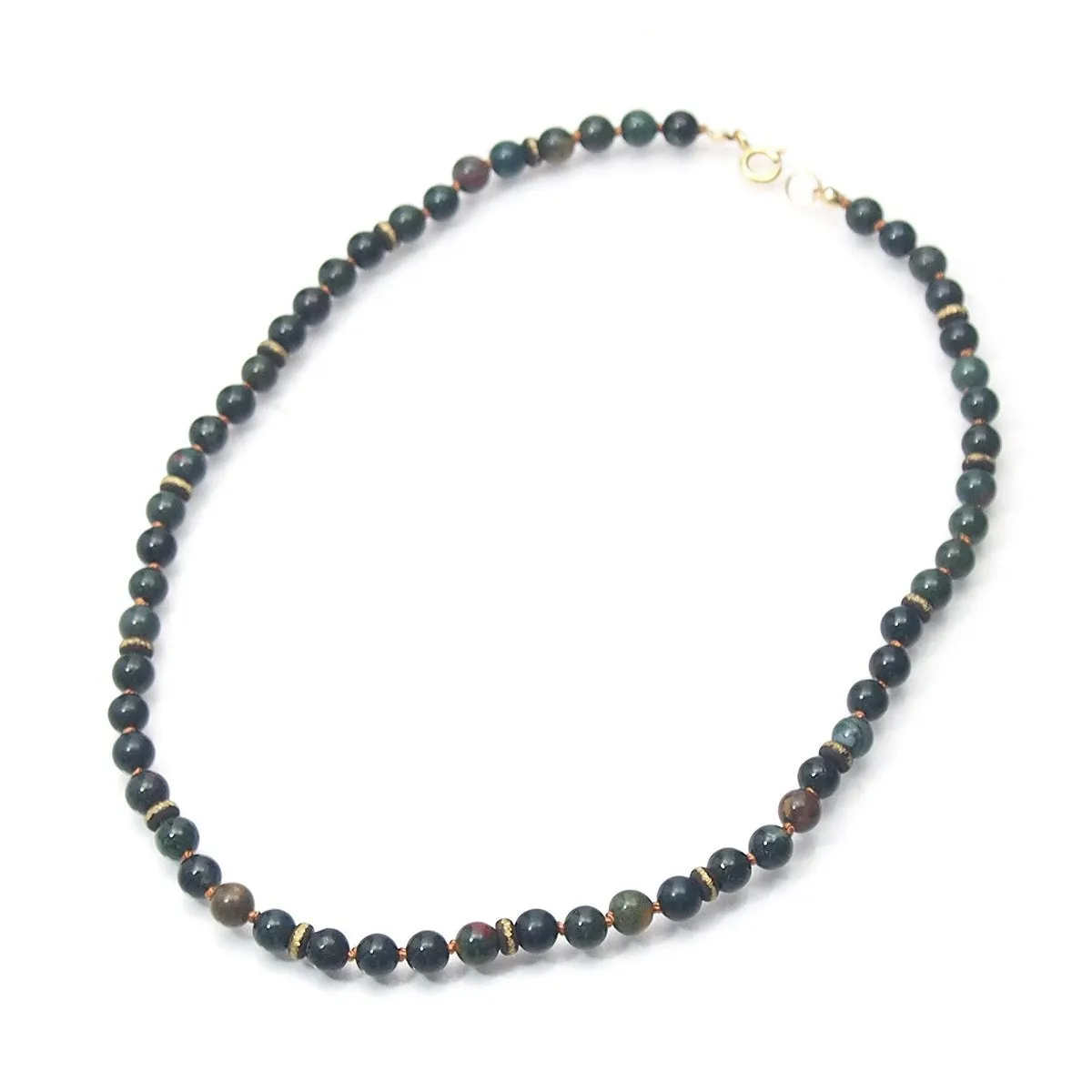 Bloodstone Smooth Rounds Knotted Necklace 6mm with Gold Filled Spring Clasp