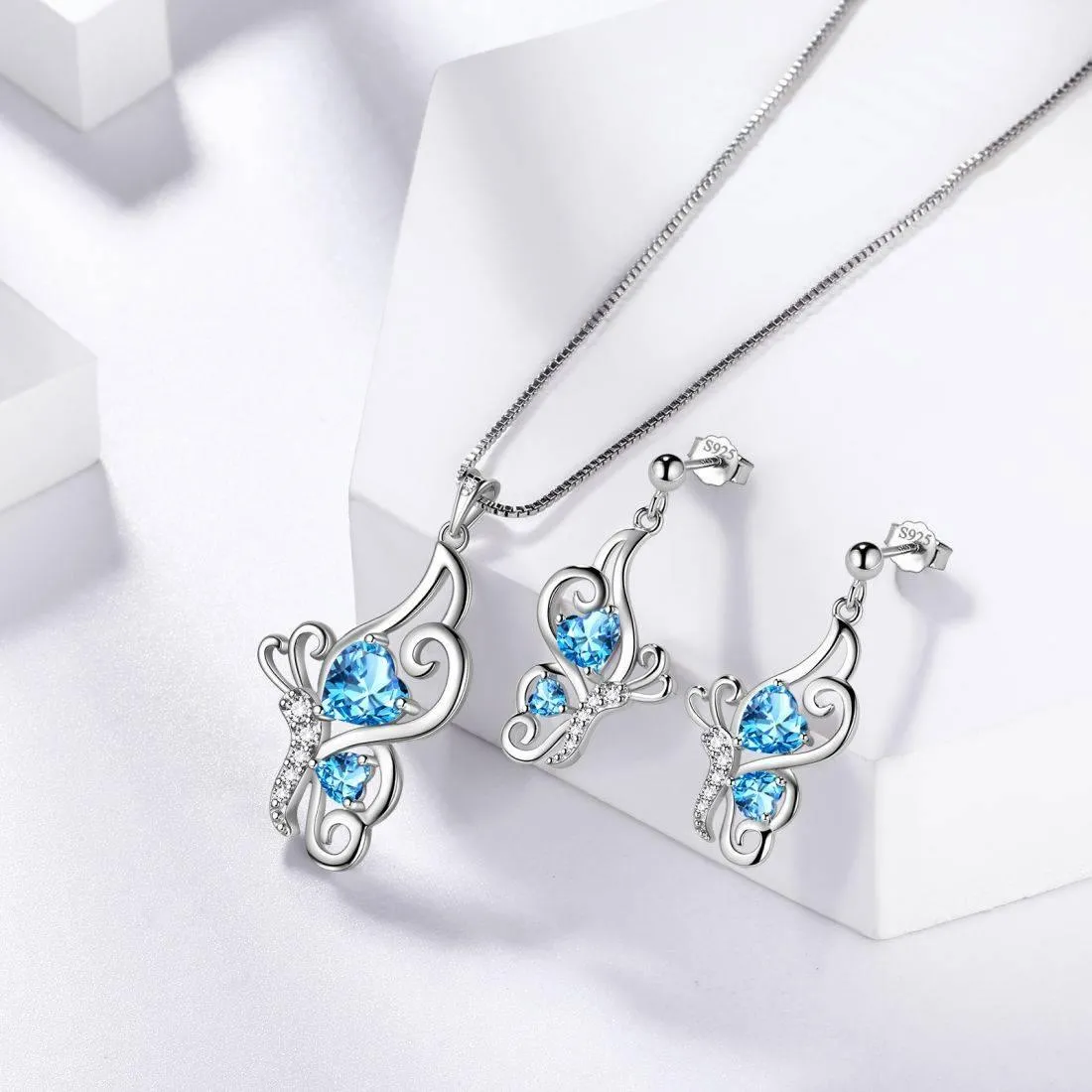Butterfly Birthstone March Aquamarine Jewelry Set 3PCS Women Girls Birthday Gift